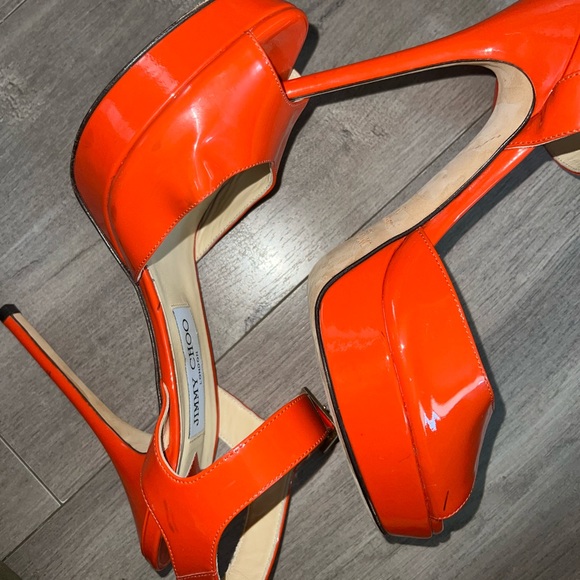 Jimmy Choo Linda Ankle-Wrap Patent Platform Sandal, Tangerine - Picture 9 of 10